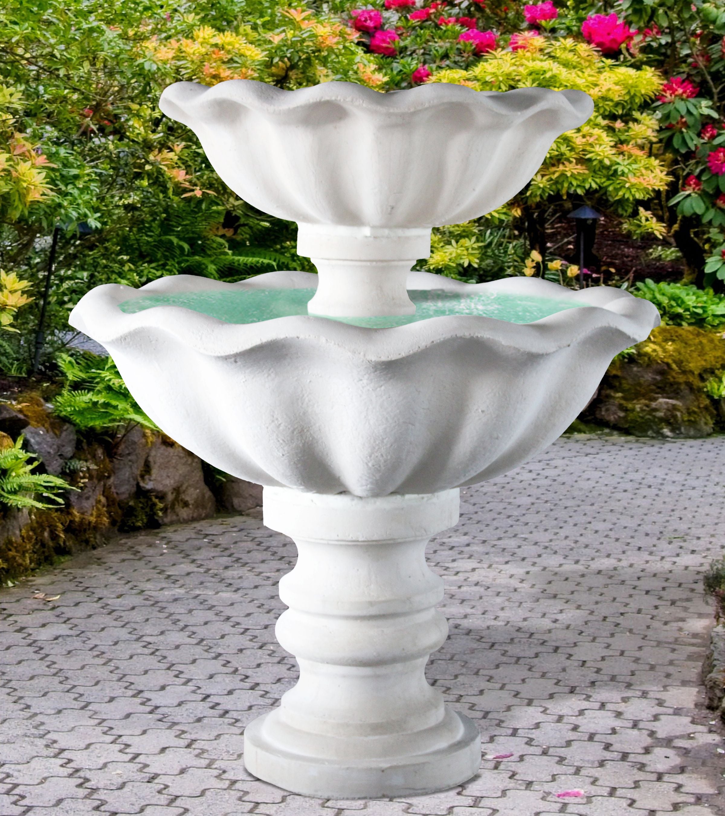 2_TIER_FLORAL_FOUNTAIN - Cast Stone International 