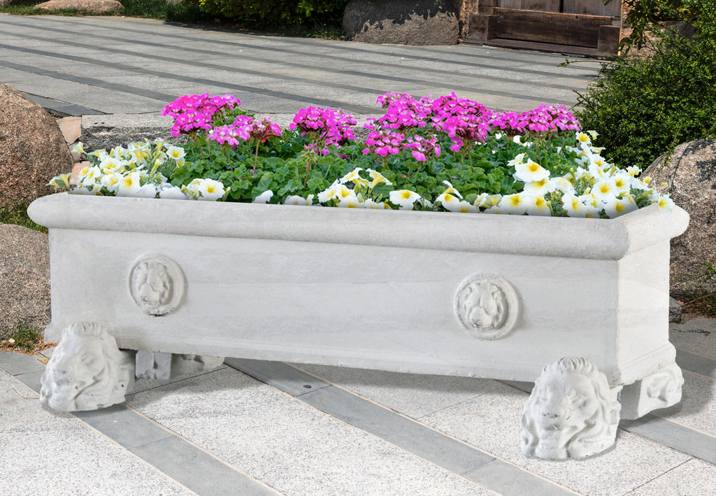 BULLNOSE_RECT._PLANTER_WITH_LION_FACES_48 - Cast Stone International 
